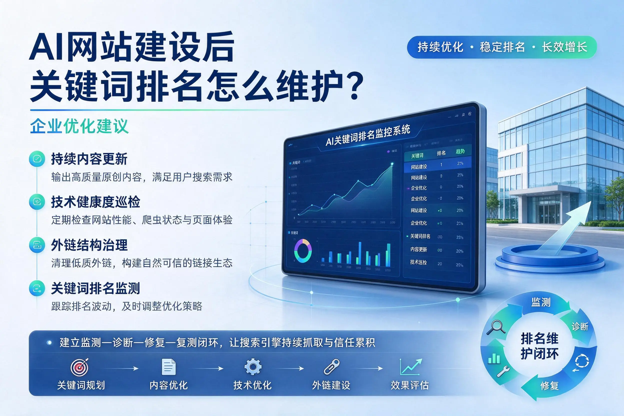 AI网站建设后关键词排名怎么维护?钦州企业优化建议