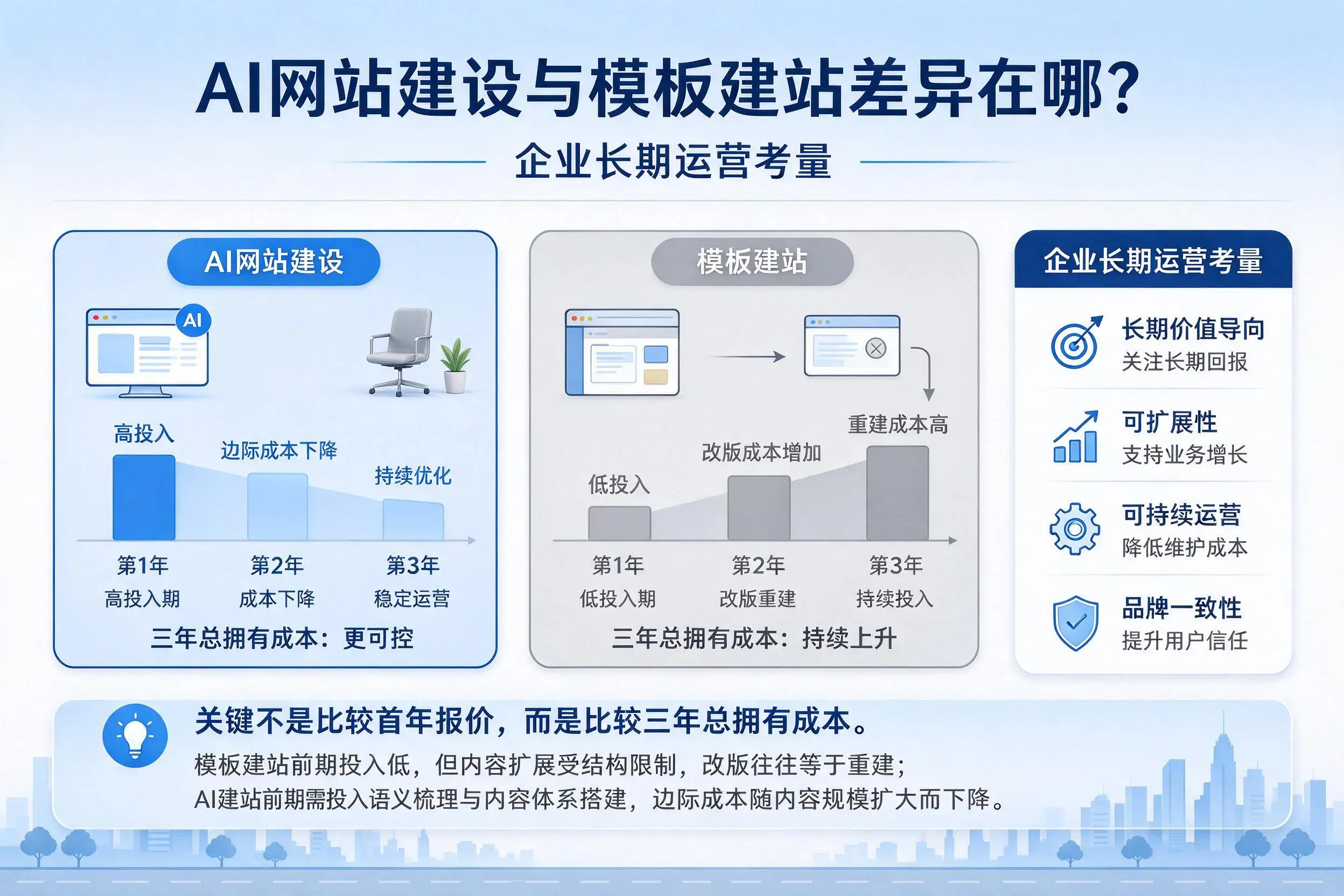 AI网站建设与模板建站差异在哪?钦州企业长期运营考量