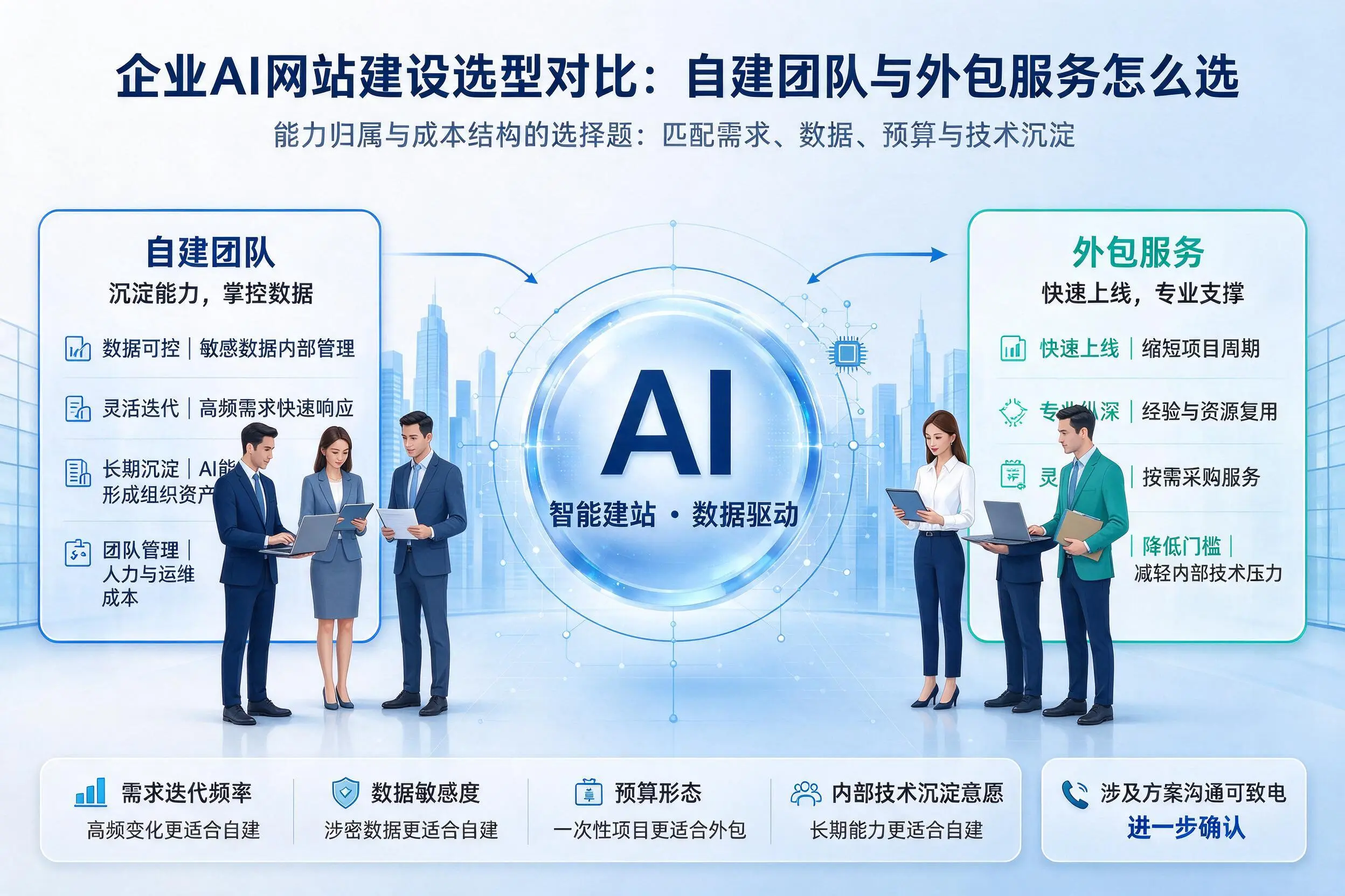 钦州企业AI网站建设选型对比:自建团队与外包服务怎么选